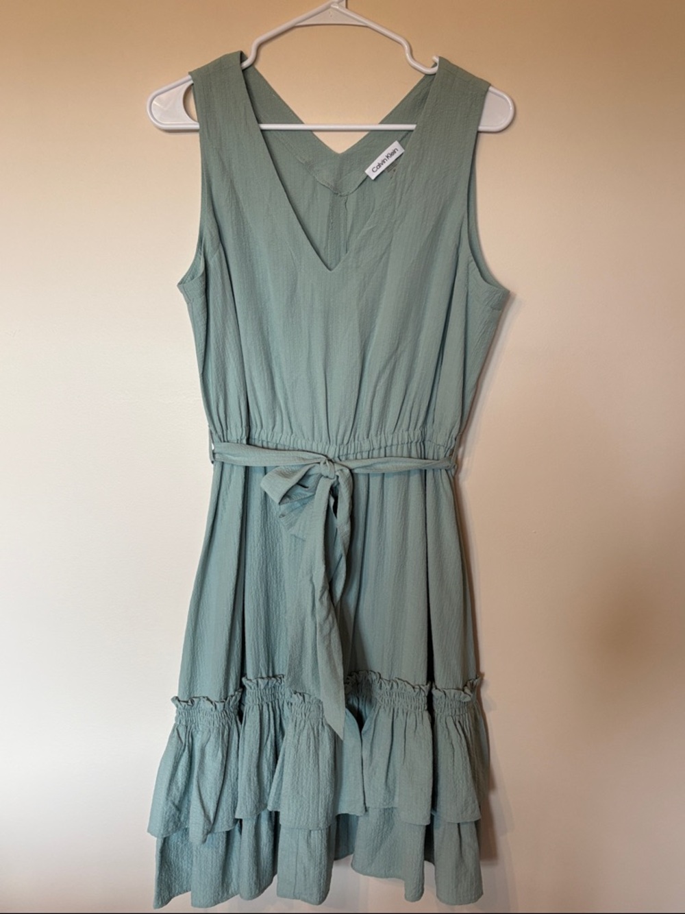 Calvin Klein Sage Green V-Neck Tiered Midi Dress with Tie Waist